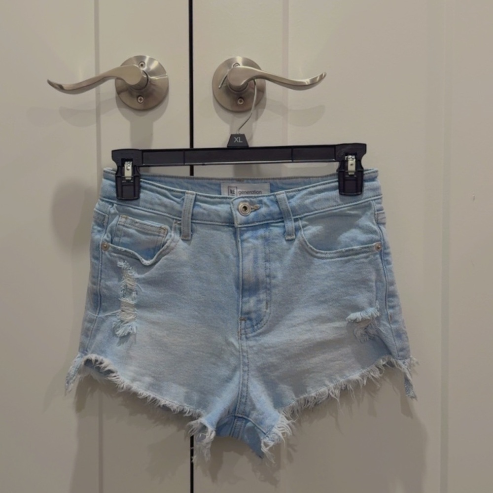 RE generation Light Blue Distressed Denim Shorts